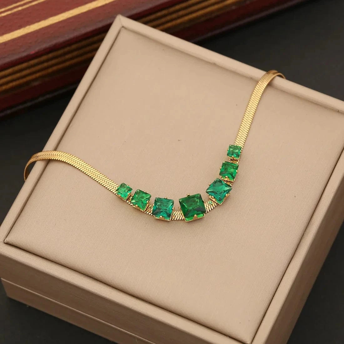 Wholesale Women Emerald Zircon Heart Four Leaf Clover Necklace Bracelet Earrings New 18k Gold Plated Stainless Steel Jewelry Set
