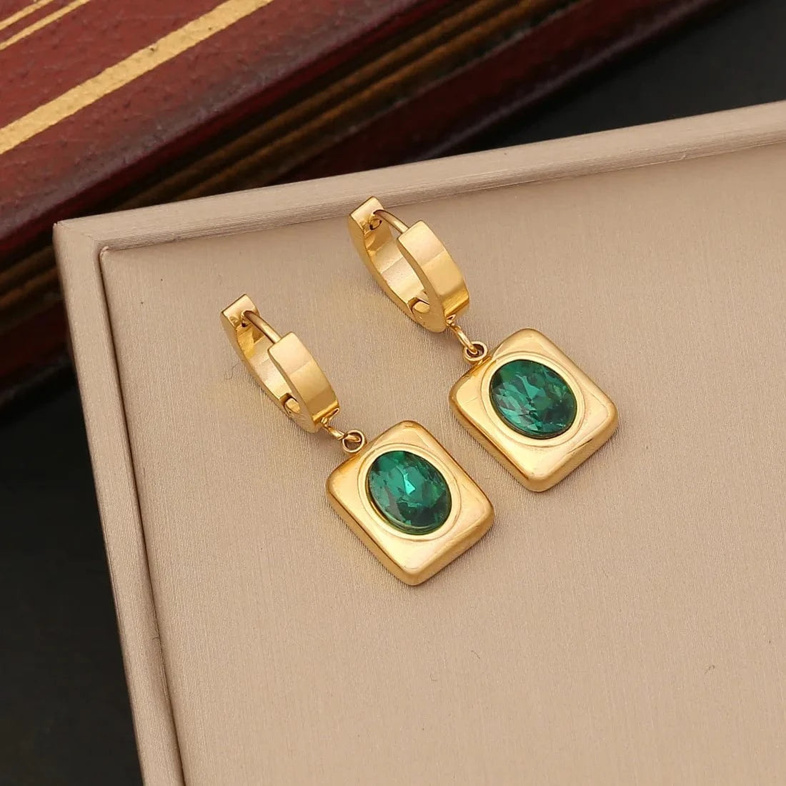 Wholesale Women Emerald Zircon Heart Four Leaf Clover Necklace Bracelet Earrings New 18k Gold Plated Stainless Steel Jewelry Set