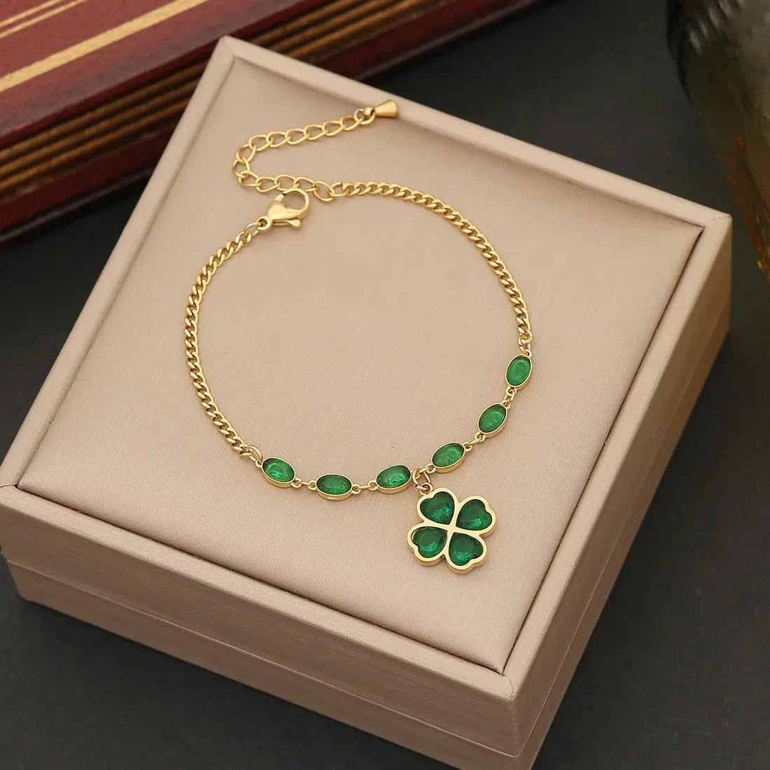 Wholesale Women Emerald Zircon Heart Four Leaf Clover Necklace Bracelet Earrings New 18k Gold Plated Stainless Steel Jewelry Set