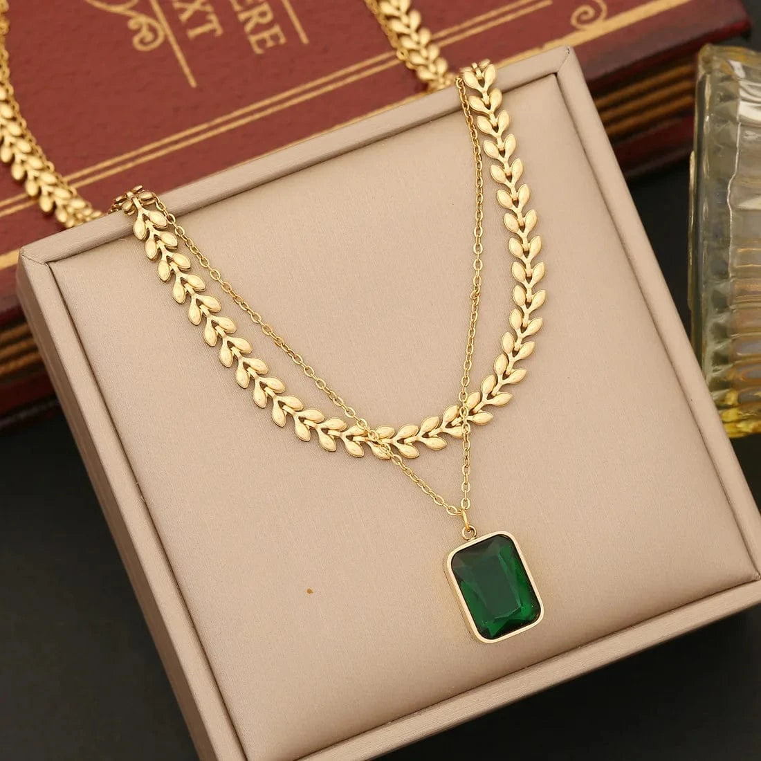 Wholesale Women Emerald Zircon Heart Four Leaf Clover Necklace Bracelet Earrings New 18k Gold Plated Stainless Steel Jewelry Set