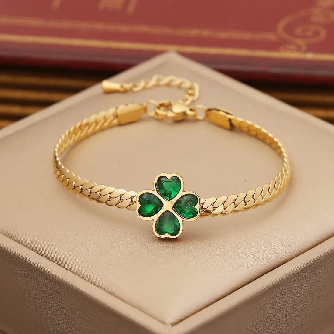 Wholesale Women Emerald Zircon Heart Four Leaf Clover Necklace Bracelet Earrings New 18k Gold Plated Stainless Steel Jewelry Set