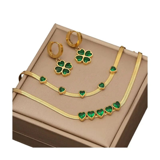 Wholesale Women Emerald Zircon Heart Four Leaf Clover Necklace Bracelet Earrings New 18k Gold Plated Stainless Steel Jewelry Set