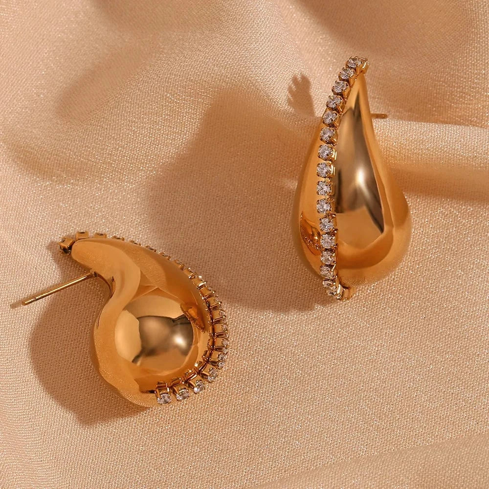 Wholesale zirconia luxury earrings stainless steel jewelry 18k gold plated chunky earrings tear drop stud earrings for women
