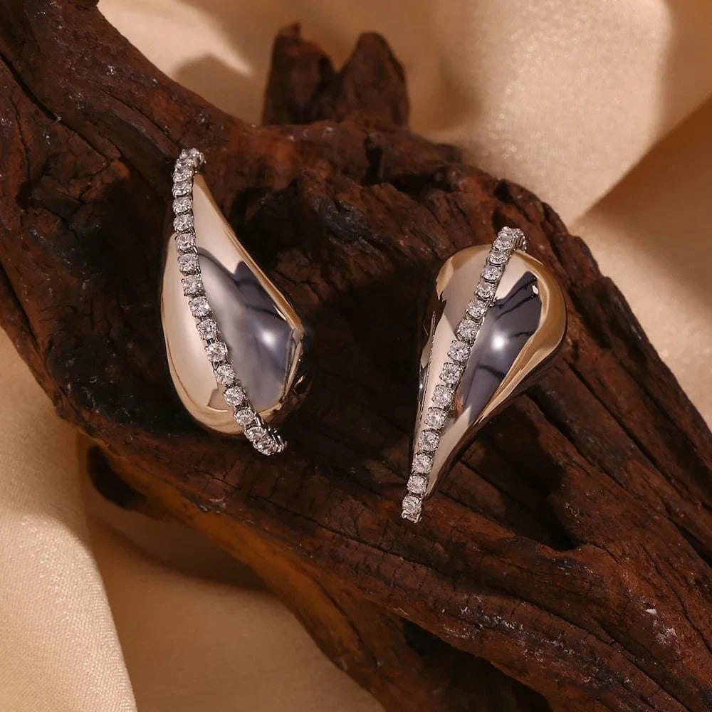 Wholesale zirconia luxury earrings stainless steel jewelry 18k gold plated chunky earrings tear drop stud earrings for women