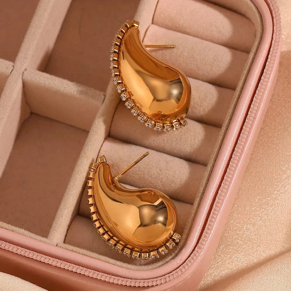 Wholesale zirconia luxury earrings stainless steel jewelry 18k gold plated chunky earrings tear drop stud earrings for women