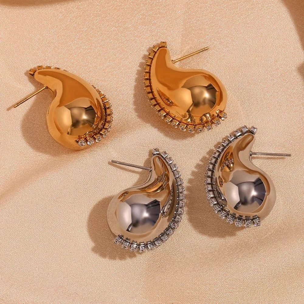 Wholesale zirconia luxury earrings stainless steel jewelry 18k gold plated chunky earrings tear drop stud earrings for women