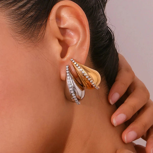 Wholesale zirconia luxury earrings stainless steel jewelry 18k gold plated chunky earrings tear drop stud earrings for women