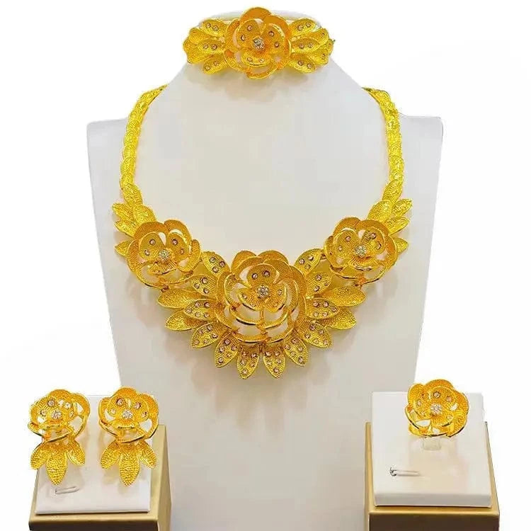 Wholesale14K Gold Indian Jewelry Set Lady Bridal Wedding Fashion Jewelry Necklaces Ring Bracelet Earrings