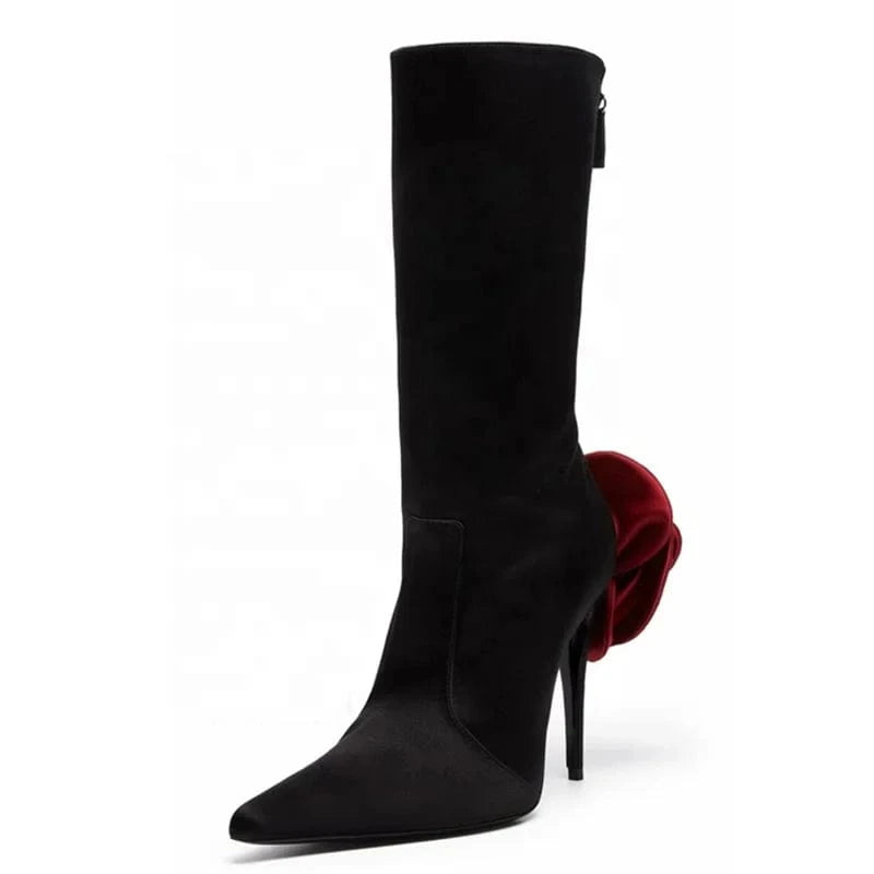 Wide Fit Women's 3D Flower Mid Calf Suede Booties Winter Pointy Toe High Heel Short Boots Stiletto Shoes Big Size 46