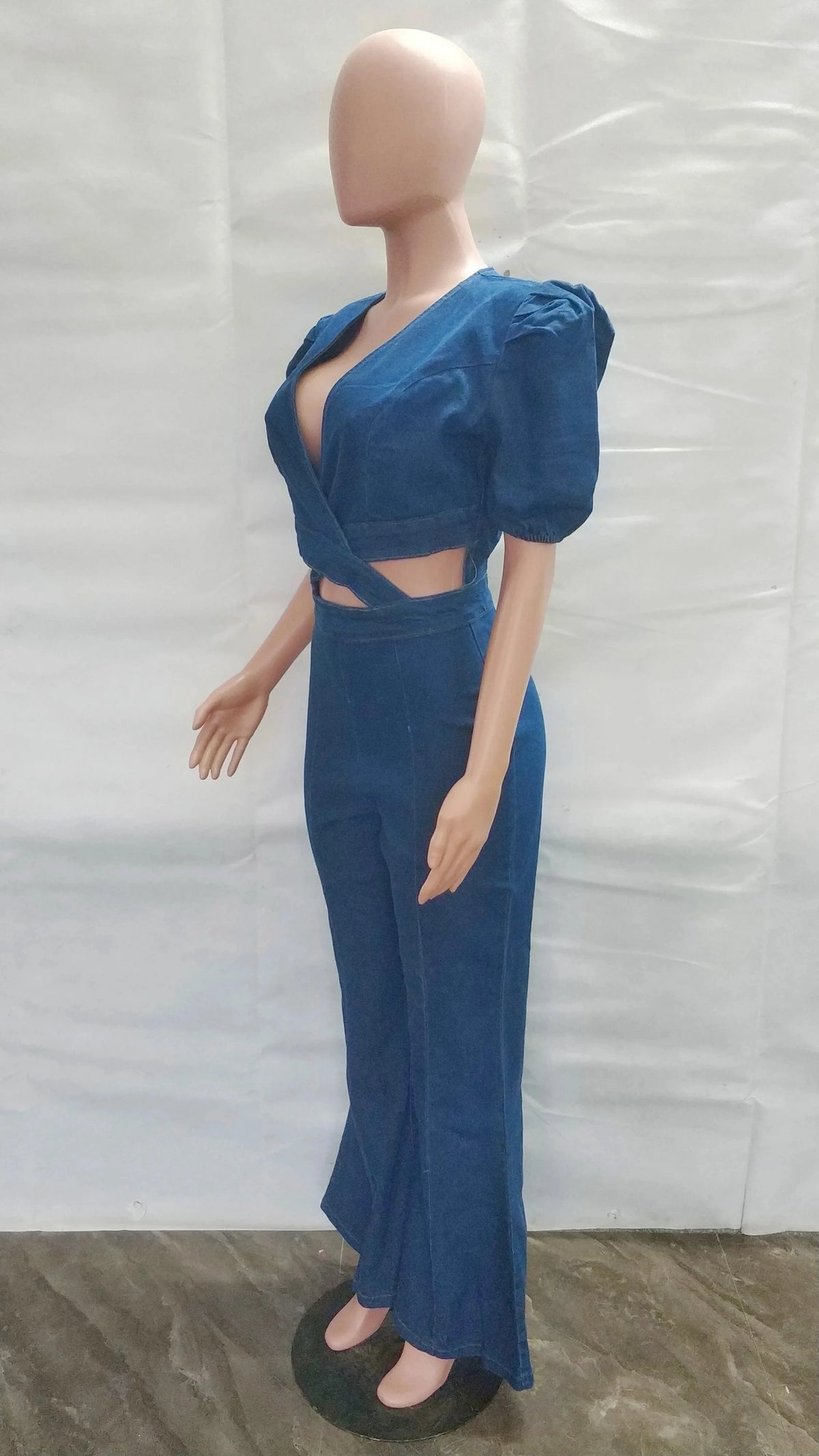 Wide Leg Denim Jumpsuit Sexy Women V-neck Elegant Blue Hollow Out Jeans Casual Romper Overalls