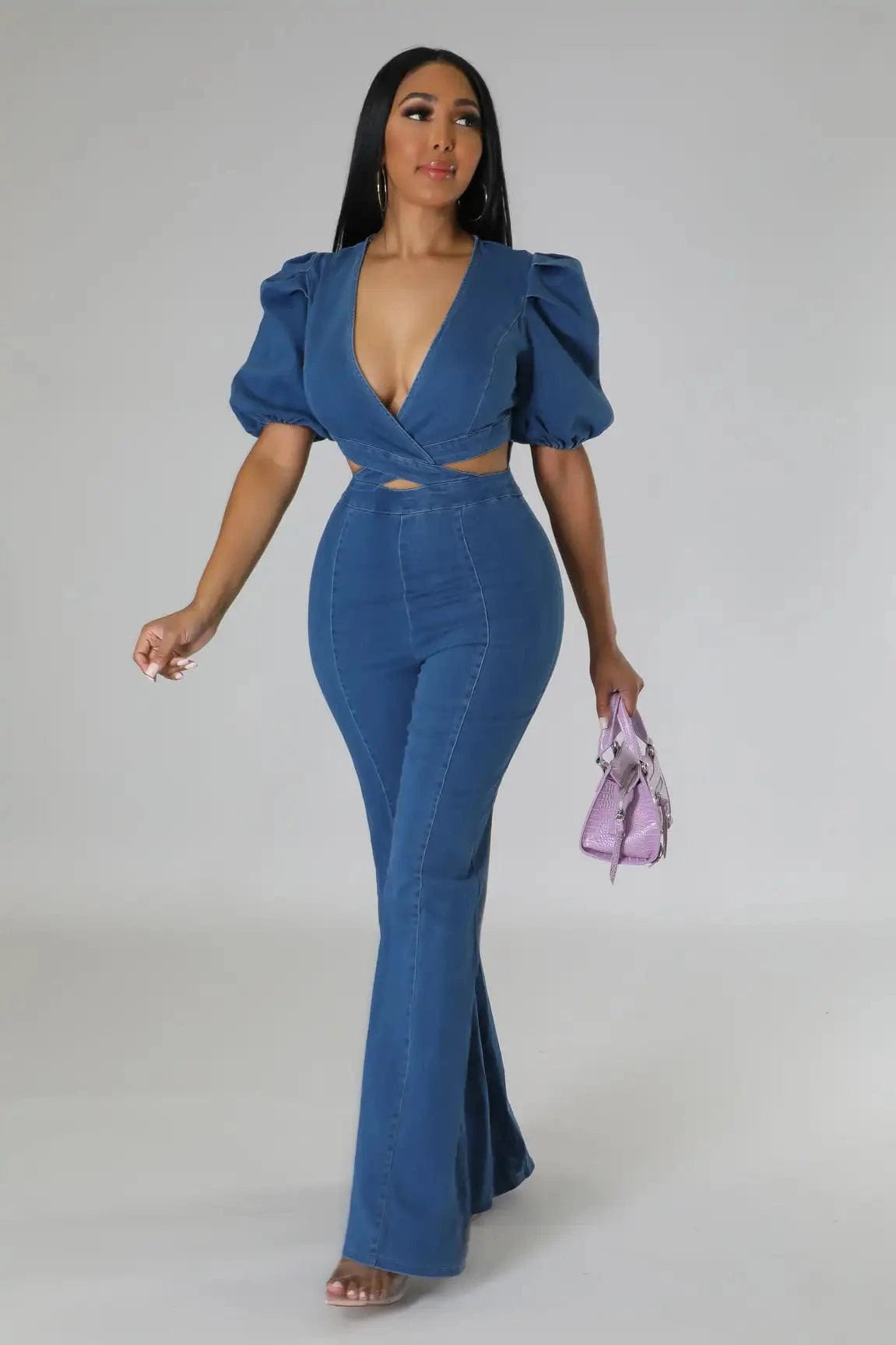 Wide Leg Denim Jumpsuit Sexy Women V-neck Elegant Blue Hollow Out Jeans Casual Romper Overalls