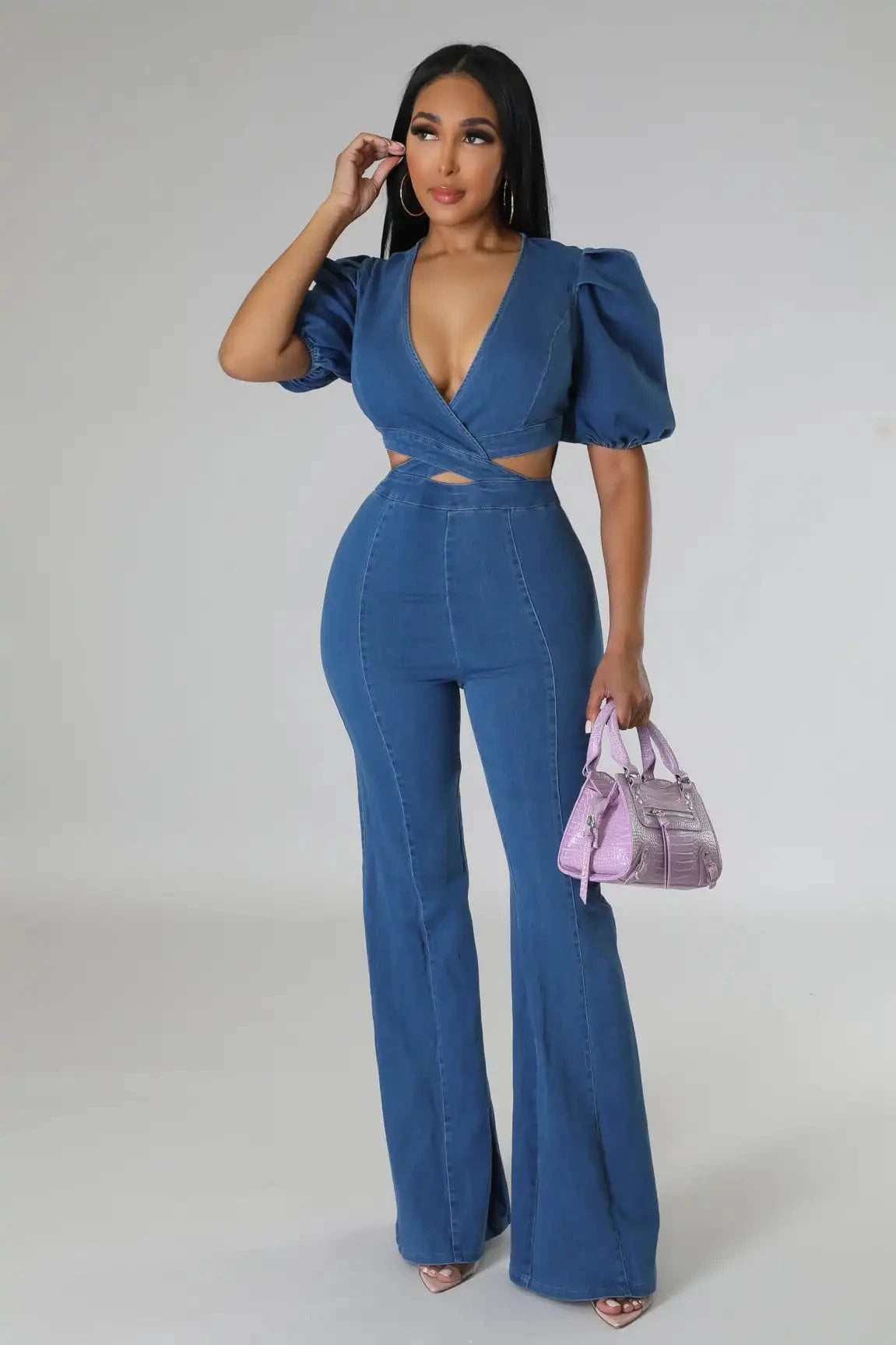Wide Leg Denim Jumpsuit Sexy Women V-neck Elegant Blue Hollow Out Jeans Casual Romper Overalls