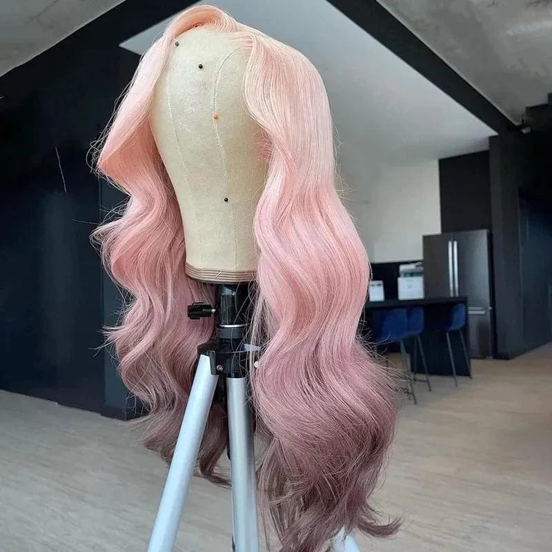 Wig 3 / 16 Inches Women Wig Ombre Baby Pink Color Remy Human Hair 150% Density Transparent HD Lace Front Wigs With Dark Root