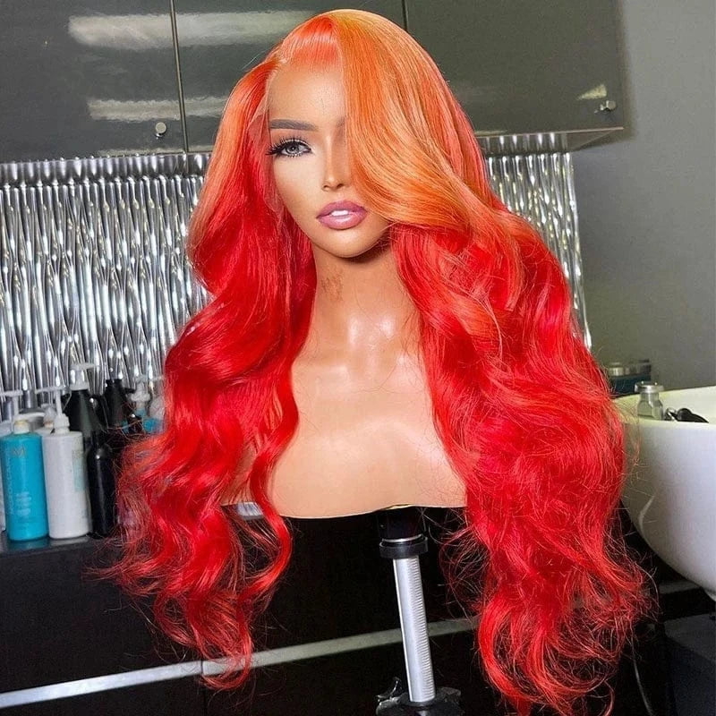 Wig 5 / 16 Inches Women Wig Ombre Baby Pink Color Remy Human Hair 150% Density Transparent HD Lace Front Wigs With Dark Root