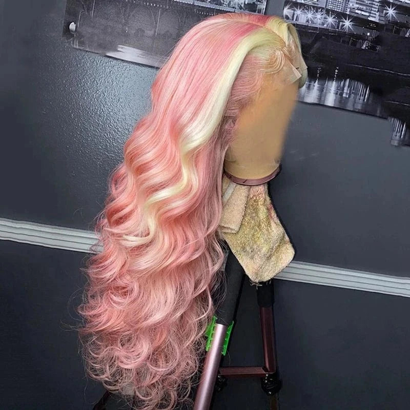 Wig 6 / 16 Inches Women Wig Ombre Baby Pink Color Remy Human Hair 150% Density Transparent HD Lace Front Wigs With Dark Root