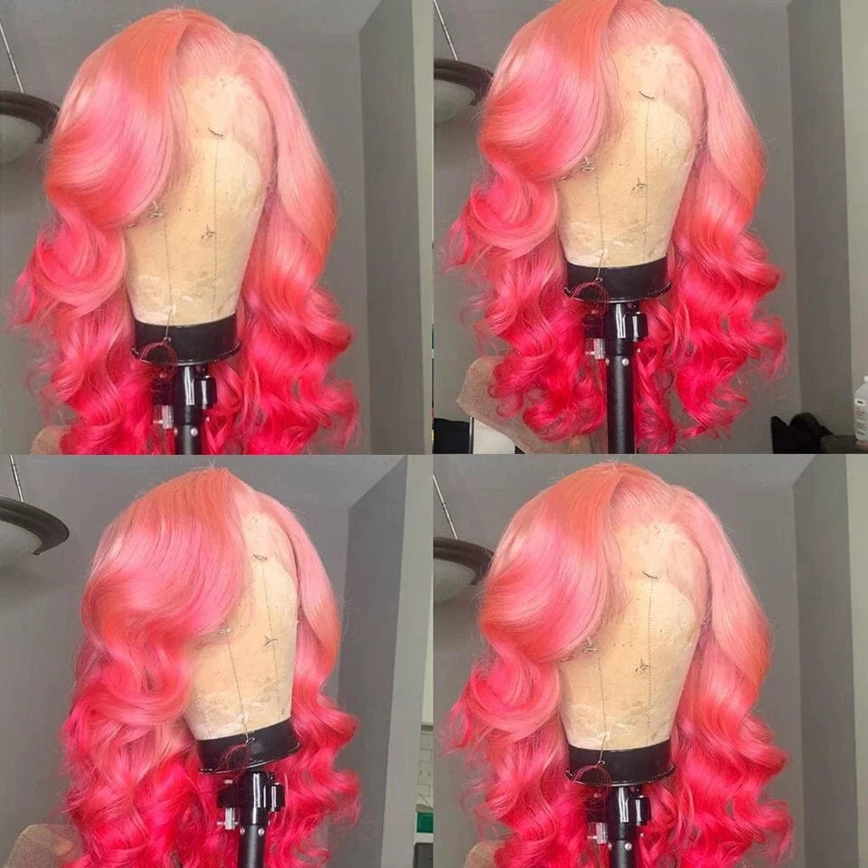 Wig 7 / 16 Inches Women Wig Ombre Baby Pink Color Remy Human Hair 150% Density Transparent HD Lace Front Wigs With Dark Root