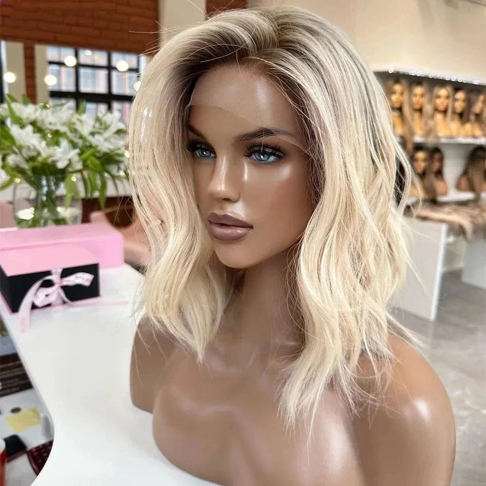 Wig 8 / 12 Inches Custom Baby Blonde Highlight Color Short Bob Cut Wig Salon Quality Virgin European Cuticle Human Hair Lace Top Jewish Wigs