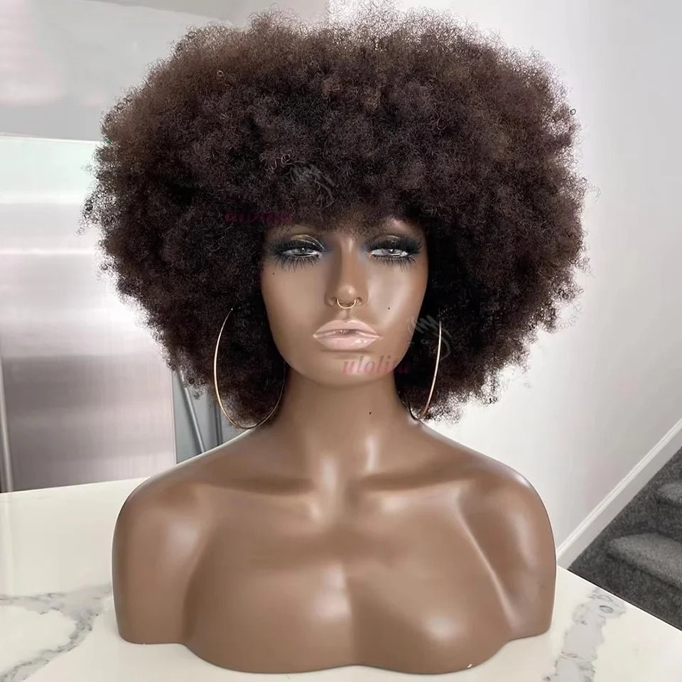 Wig Remy Human Hair Glueless With Bangs Short Pixie Afro Kinky Curly Bob Cut Style - SN Wigs & More