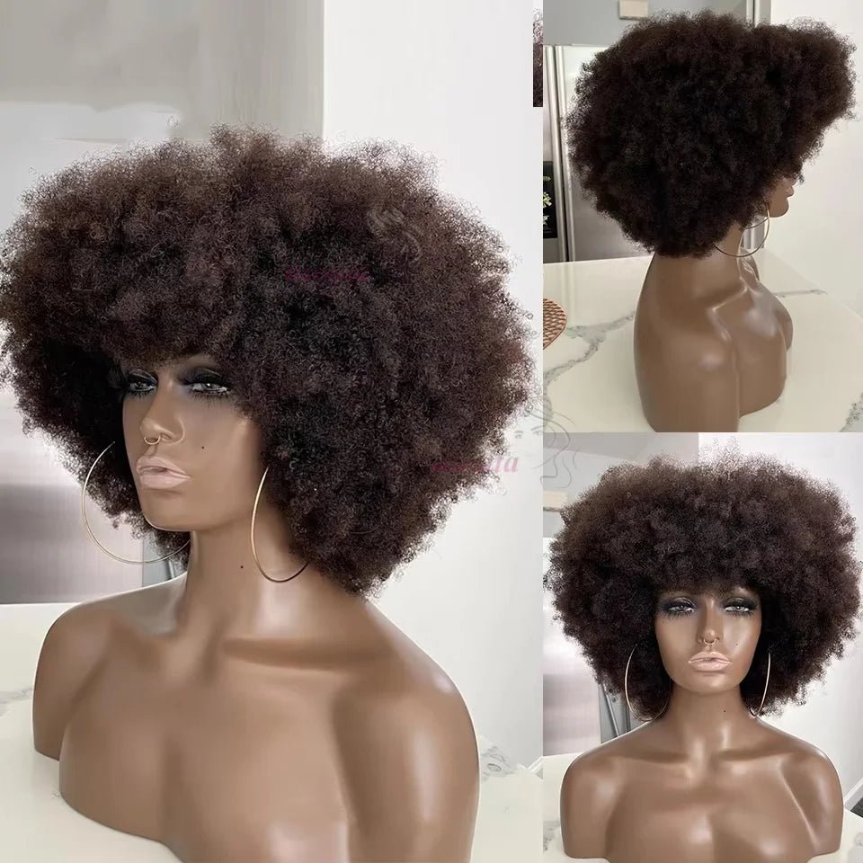 Wig Remy Human Hair Glueless With Bangs Short Pixie Afro Kinky Curly Bob Cut Style - SN Wigs & More