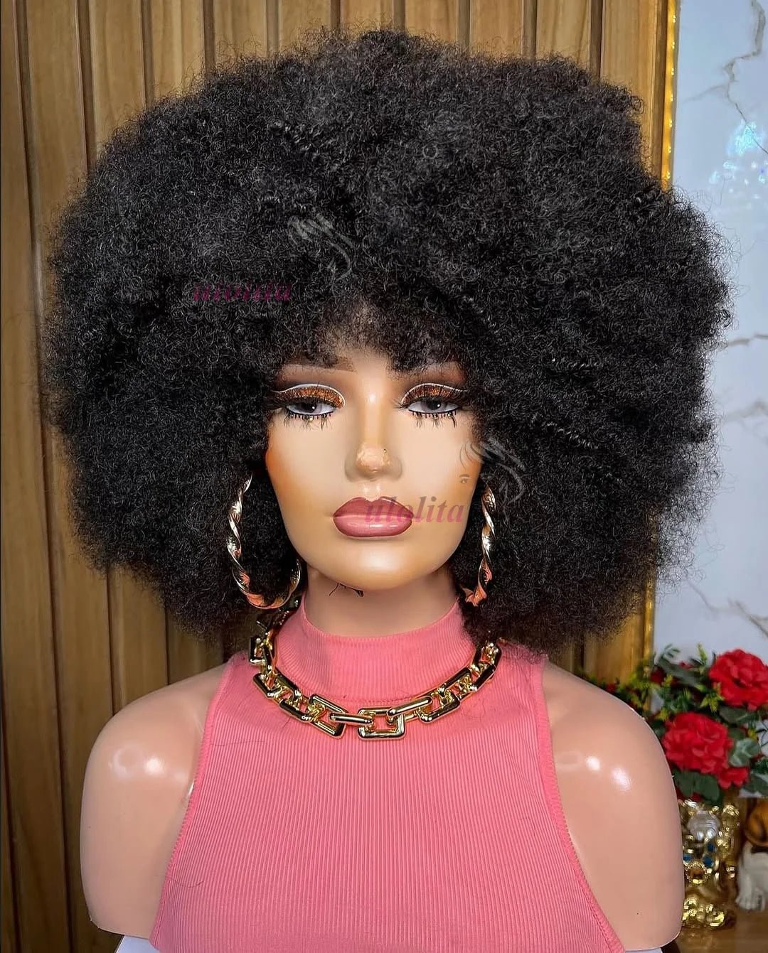 Wig Remy Human Hair Glueless With Bangs Short Pixie Afro Kinky Curly Bob Cut Style - SN Wigs & More