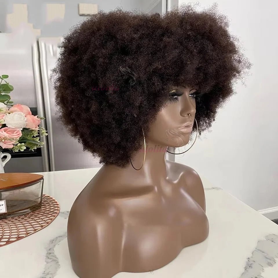 Wig Remy Human Hair Glueless With Bangs Short Pixie Afro Kinky Curly Bob Cut Style - SN Wigs & More