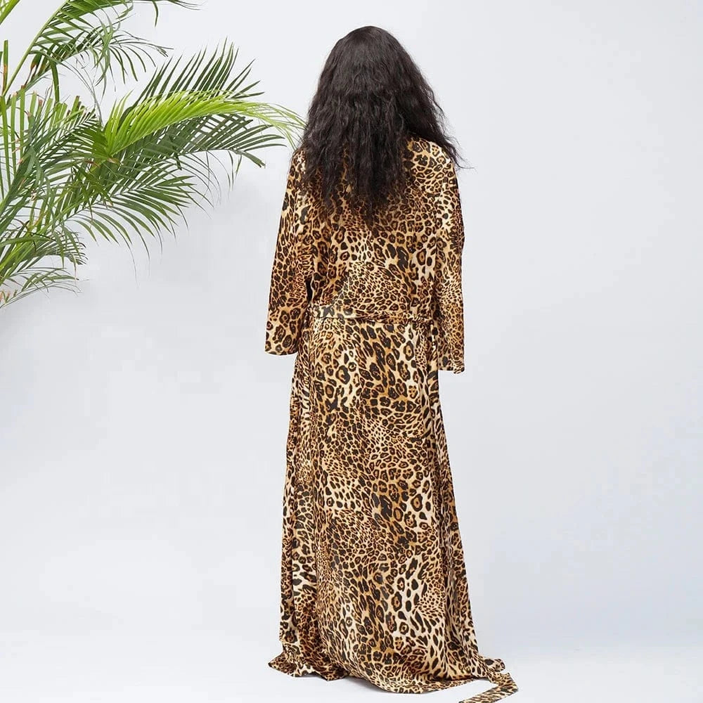 Wild Leopard Print Women Long Kimono Plus Sizes Long Sleeve Sexy Night Robe Factory Wholesale  Maxi Length Night Gowns