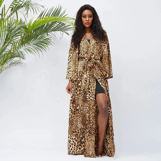 Wild Leopard Print Women Long Kimono Plus Sizes Long Sleeve Sexy Night Robe Factory Wholesale  Maxi Length Night Gowns