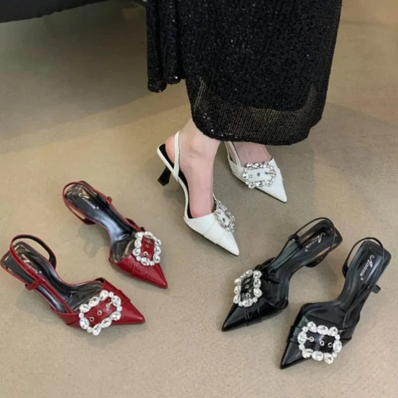 Wine Red Color Famous Sandalia Salto Alta Qualidade SlingBack Crystal Shoes Luxury Women 2024 Heels for Ladies