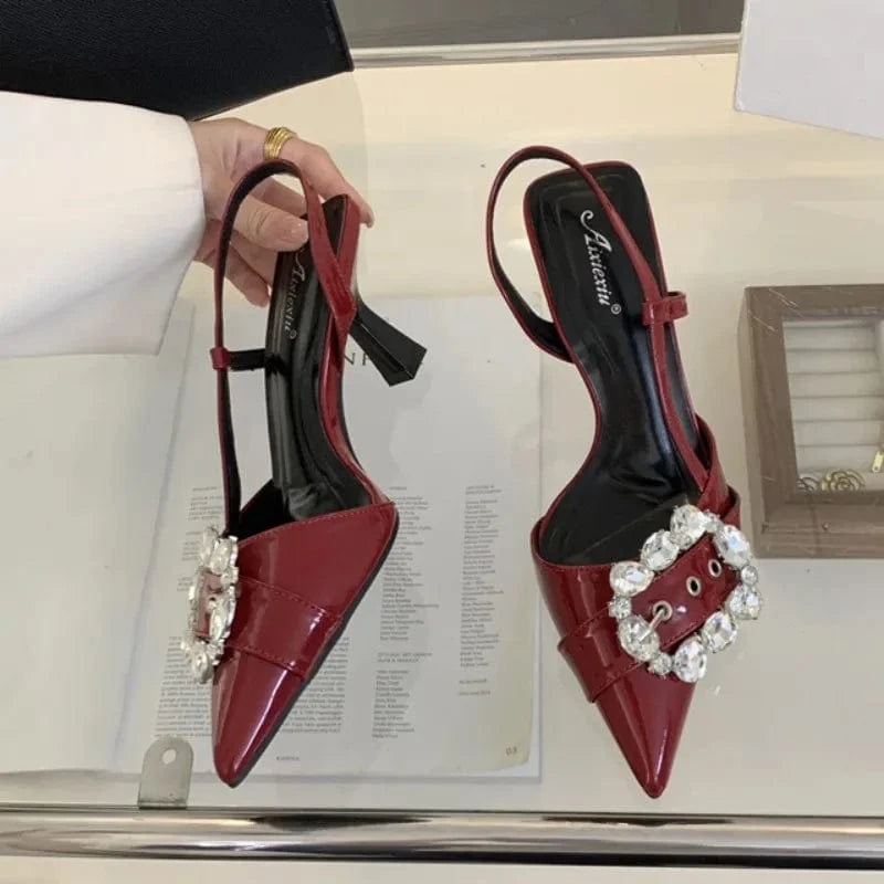 Wine Red Color Famous Sandalia Salto Alta Qualidade SlingBack Crystal Shoes Luxury Women 2024 Heels for Ladies