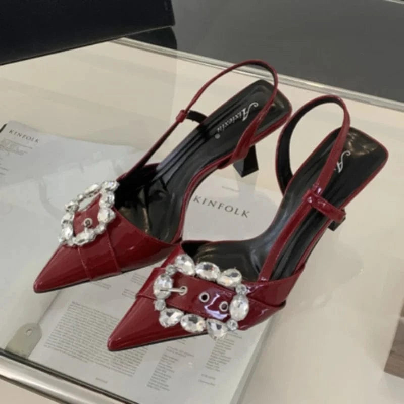 Wine Red Color Famous Sandalia Salto Alta Qualidade SlingBack Crystal Shoes Luxury Women 2024 Heels for Ladies
