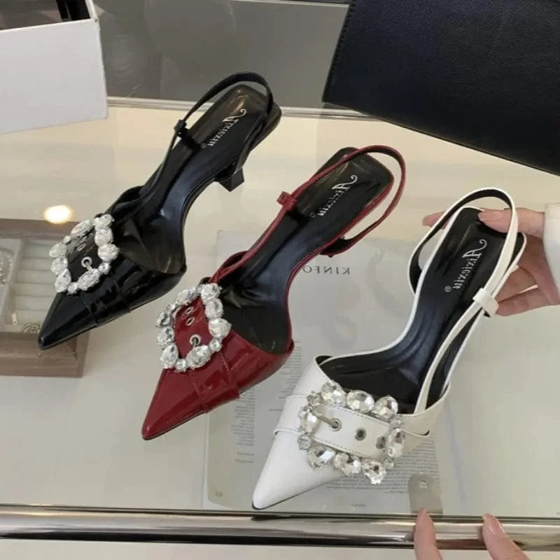 Wine Red Color Famous Sandalia Salto Alta Qualidade SlingBack Crystal Shoes Luxury Women 2024 Heels for Ladies