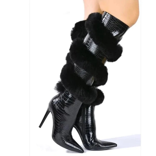 Winter Boots For Women Pointed Toe Knee Length Boots Party Dress Furry Boots Women Shoes