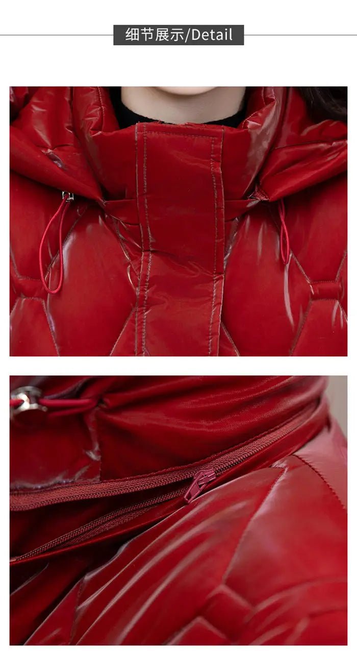 Winter Coat Detachable Hat Shiny Polyester Fabric Elegant Slim Long Style Warm Quilted Mid Length - SN Wigs & More