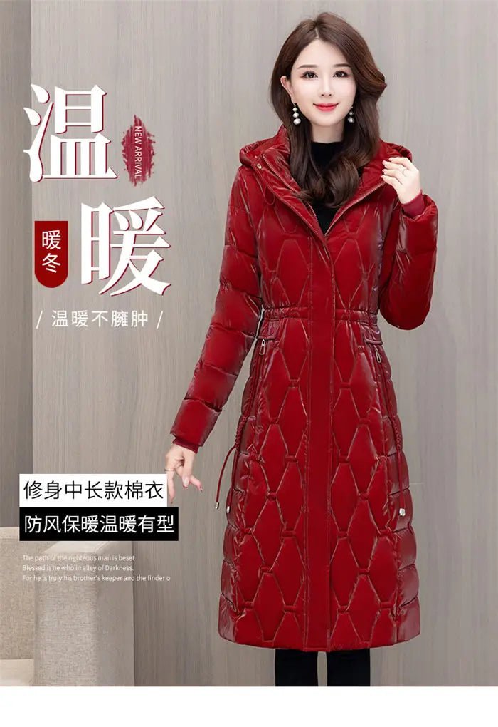 Winter Coat Detachable Hat Shiny Polyester Fabric Elegant Slim Long Style Warm Quilted Mid Length - SN Wigs & More