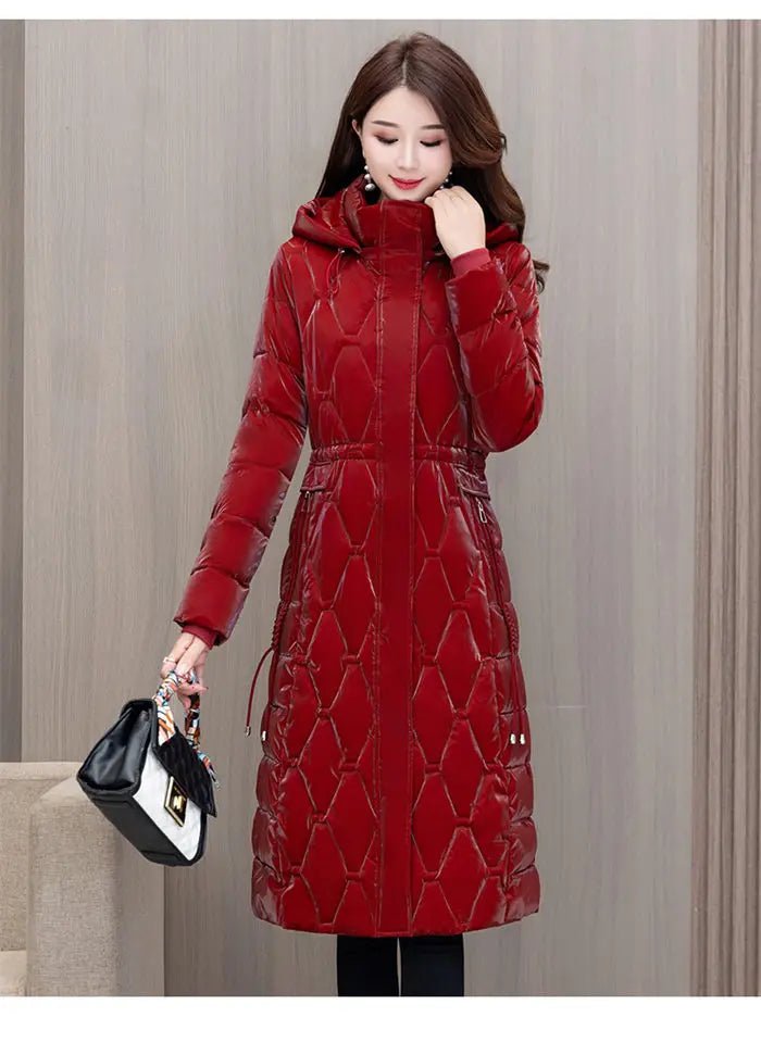 Winter Coat Detachable Hat Shiny Polyester Fabric Elegant Slim Long Style Warm Quilted Mid Length - SN Wigs & More