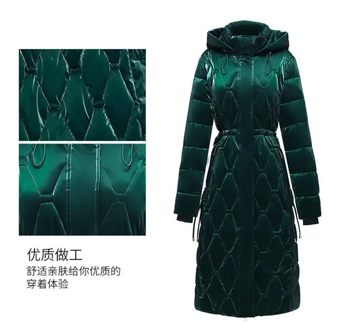Winter Coat Detachable Hat Shiny Polyester Fabric Elegant Slim Long Style Warm Quilted Mid Length - SN Wigs & More