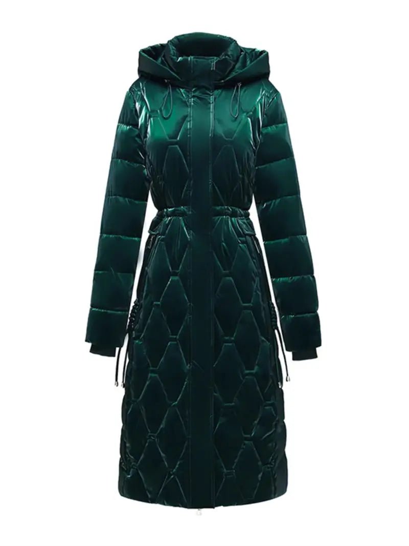Winter Coat Detachable Hat Shiny Polyester Fabric Elegant Slim Long Style Warm Quilted Mid Length - SN Wigs & More
