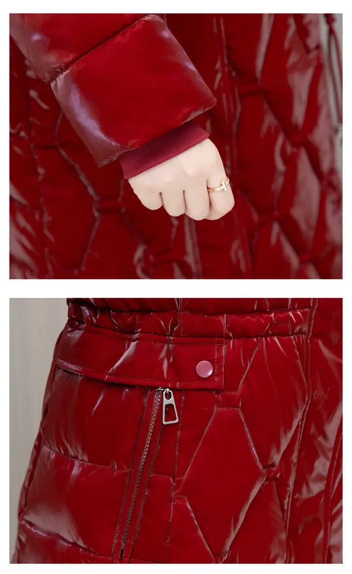 Winter Coat Detachable Hat Shiny Polyester Fabric Elegant Slim Long Style Warm Quilted Mid Length - SN Wigs & More