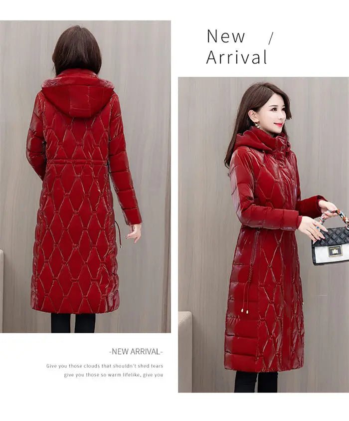 Winter Coat Detachable Hat Shiny Polyester Fabric Elegant Slim Long Style Warm Quilted Mid Length - SN Wigs & More