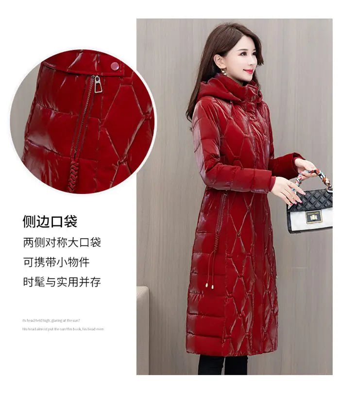 Winter Coat Detachable Hat Shiny Polyester Fabric Elegant Slim Long Style Warm Quilted Mid Length - SN Wigs & More