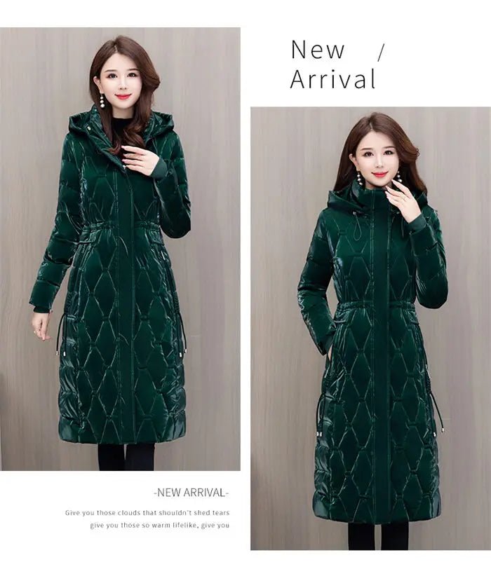 Winter Coat Detachable Hat Shiny Polyester Fabric Elegant Slim Long Style Warm Quilted Mid Length - SN Wigs & More