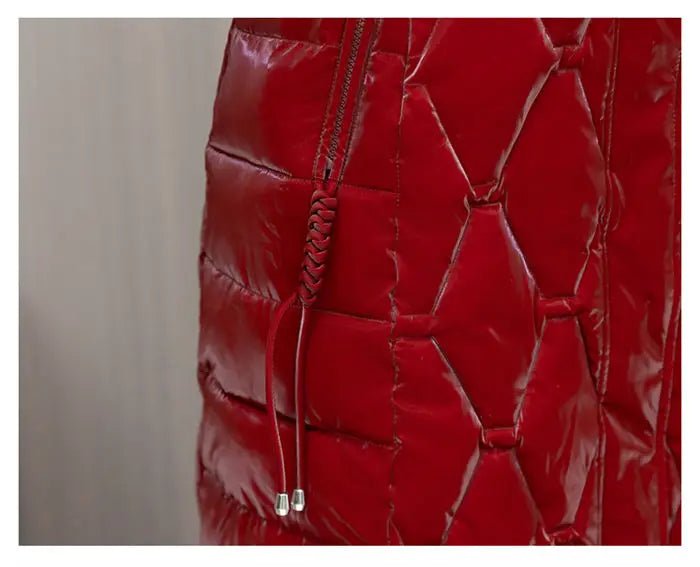 Winter Coat Detachable Hat Shiny Polyester Fabric Elegant Slim Long Style Warm Quilted Mid Length - SN Wigs & More
