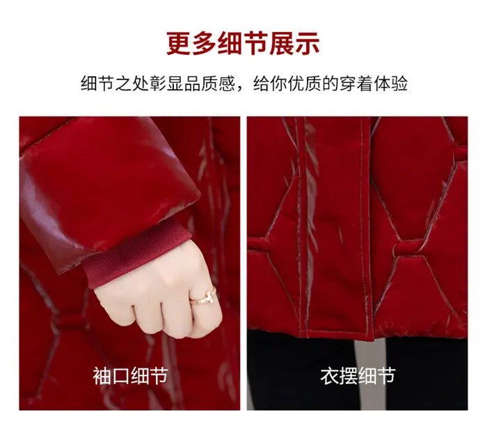 Winter Coat Detachable Hat Shiny Polyester Fabric Elegant Slim Long Style Warm Quilted Mid Length - SN Wigs & More