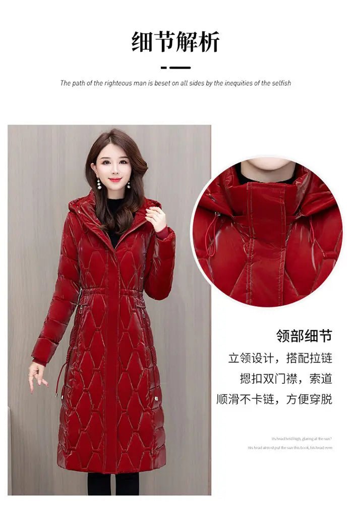 Winter Coat Detachable Hat Shiny Polyester Fabric Elegant Slim Long Style Warm Quilted Mid Length - SN Wigs & More