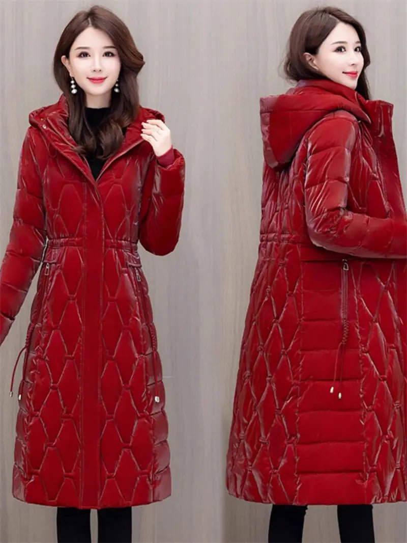 Winter Coat Detachable Hat Shiny Polyester Fabric Elegant Slim Long Style Warm Quilted Mid Length - SN Wigs & More