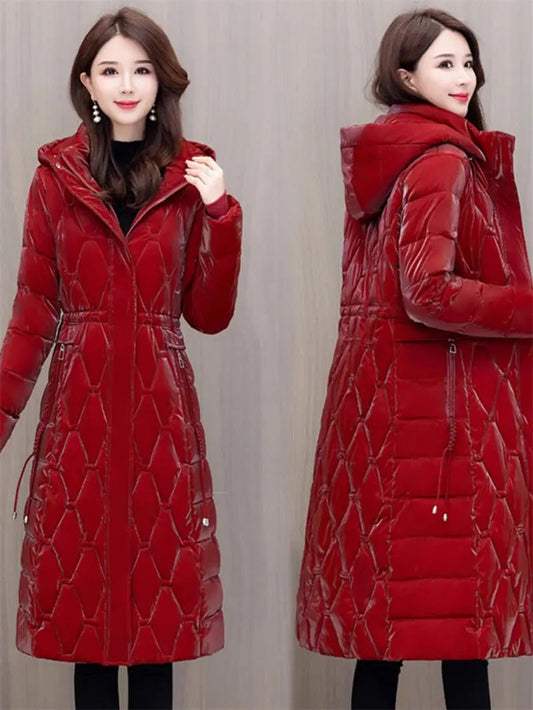 Winter Coat Detachable Hat Shiny Polyester Fabric Elegant Slim Long Style Warm Quilted Mid Length - SN Wigs & More