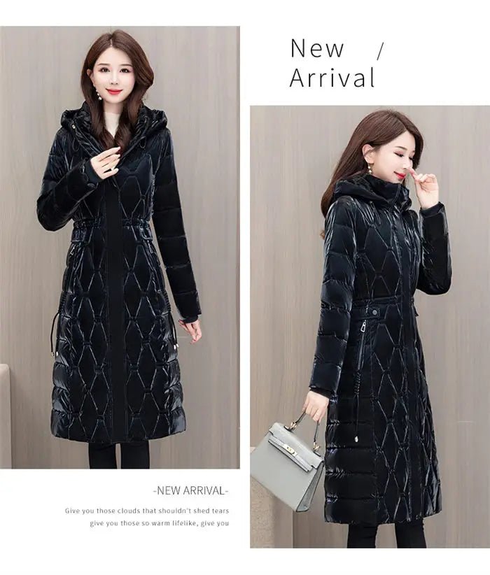 Winter Coat Detachable Hat Shiny Polyester Fabric Elegant Slim Long Style Warm Quilted Mid Length - SN Wigs & More