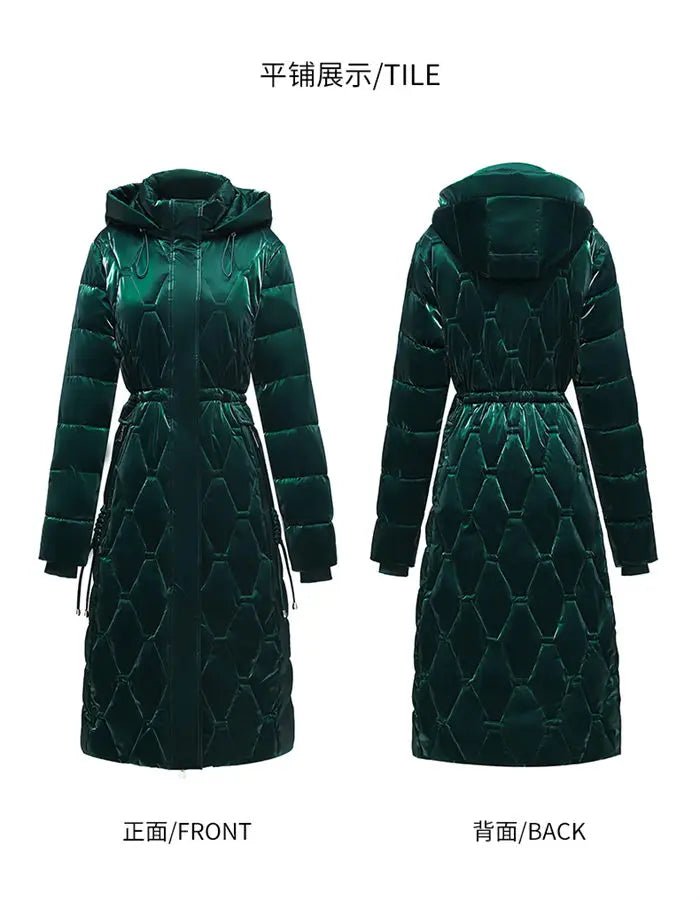 Winter Coat Detachable Hat Shiny Polyester Fabric Elegant Slim Long Style Warm Quilted Mid Length - SN Wigs & More