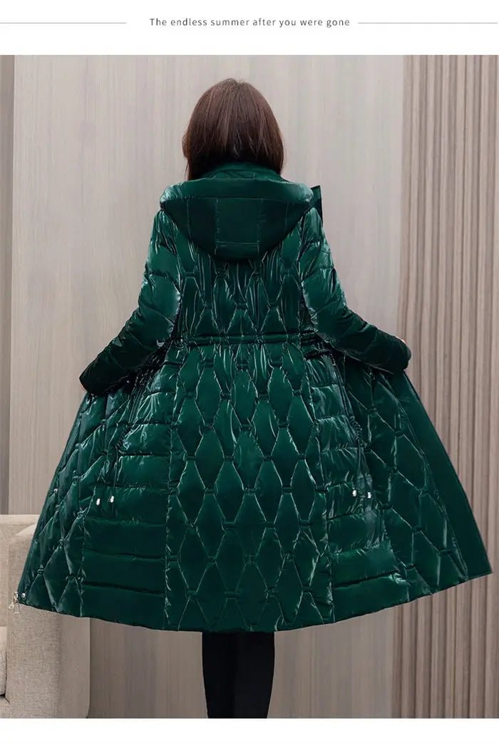 Winter Coat Detachable Hat Shiny Polyester Fabric Elegant Slim Long Style Warm Quilted Mid Length - SN Wigs & More