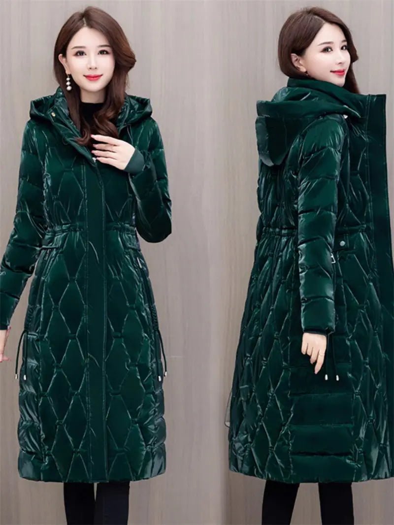 Winter Coat Detachable Hat Shiny Polyester Fabric Elegant Slim Long Style Warm Quilted Mid Length - SN Wigs & More